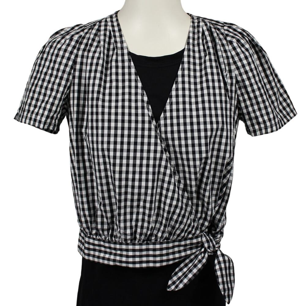 Madewell (S) Gingham Check Sash-Tie Wrap Top Short-Sleeve Cotton